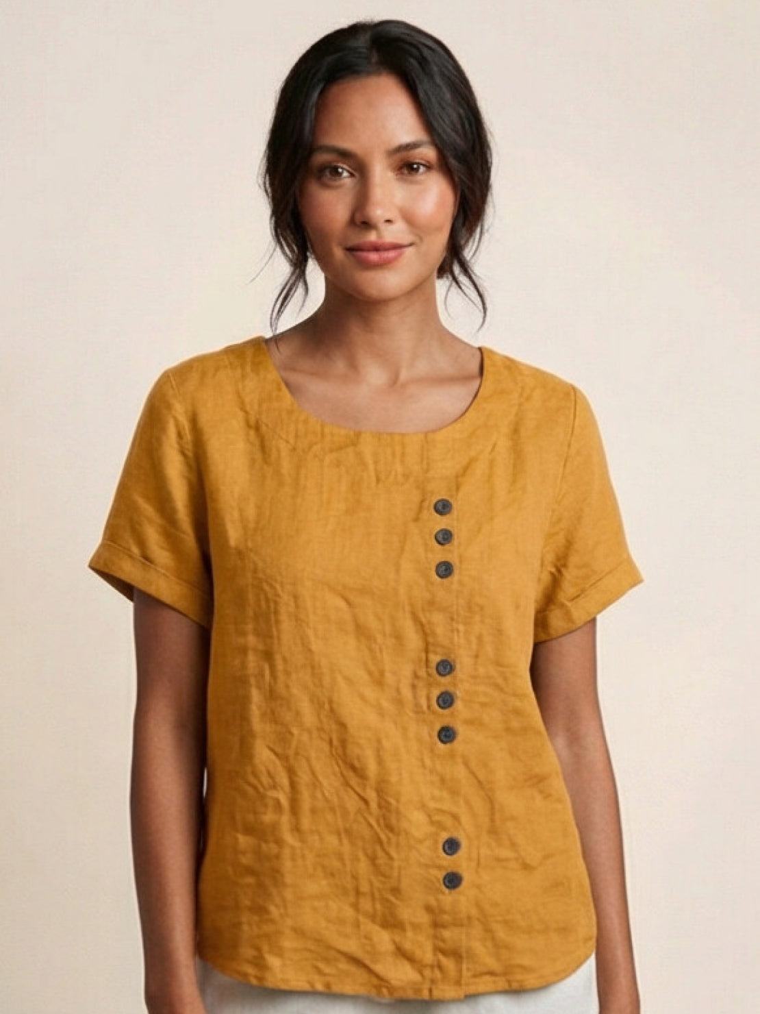 Maren | Comfortable Button Blouse Top With Crew Neck