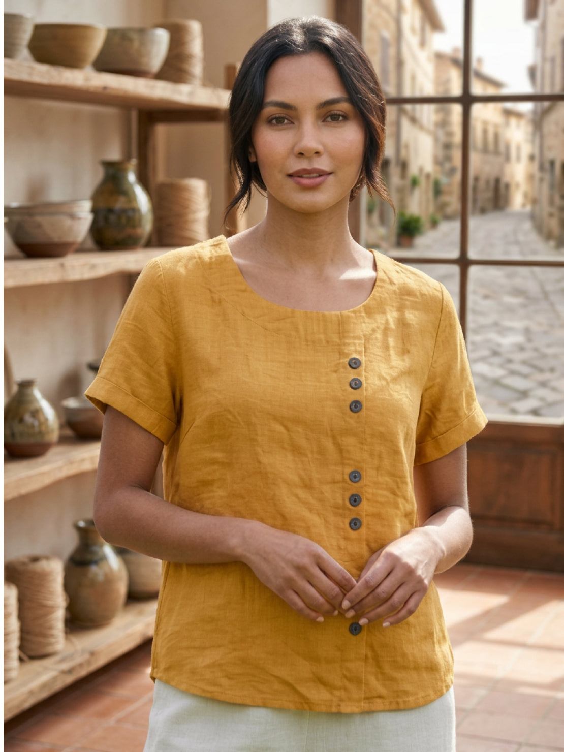 Maren | Comfortable Button Blouse Top With Crew Neck