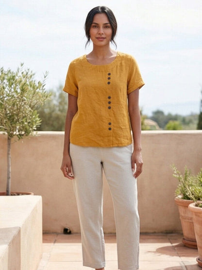 Maren | Comfortable Button Blouse Top With Crew Neck