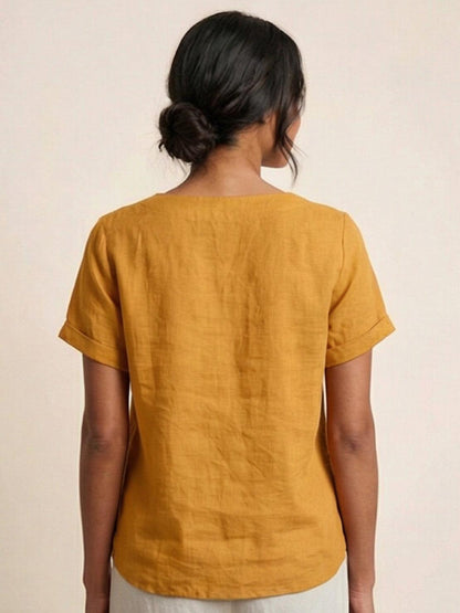 Maren | Comfortable Button Blouse Top With Crew Neck