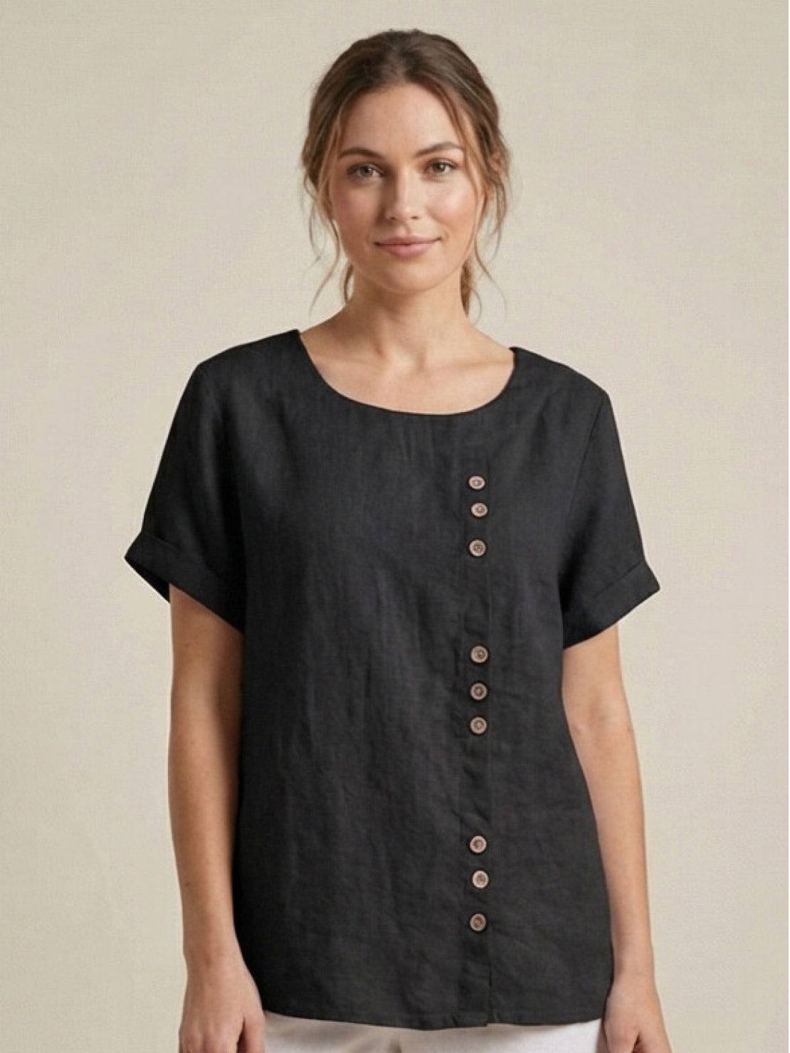 Maren | Comfortable Button Blouse Top With Crew Neck