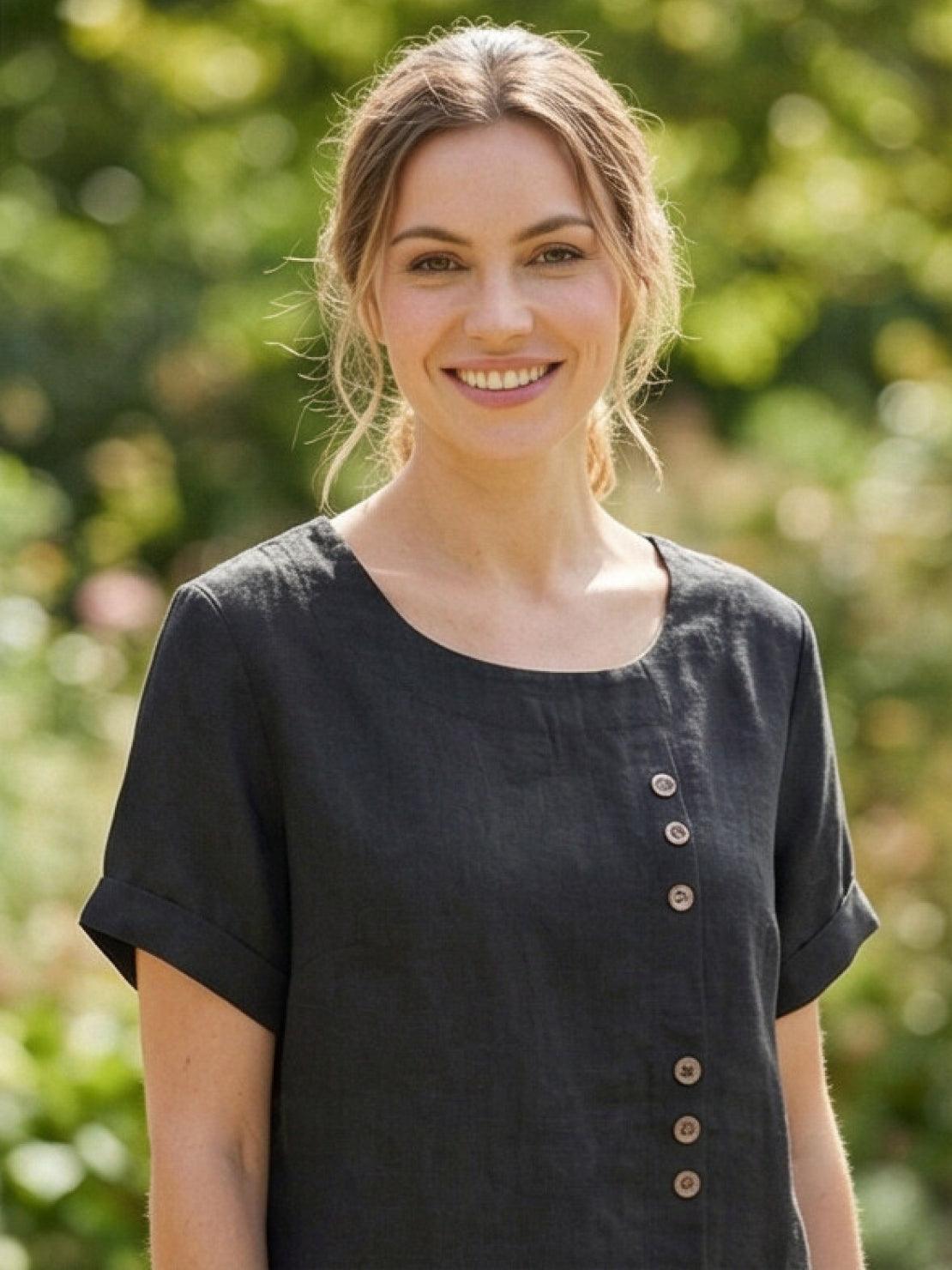 Maren | Comfortable Button Blouse Top With Crew Neck