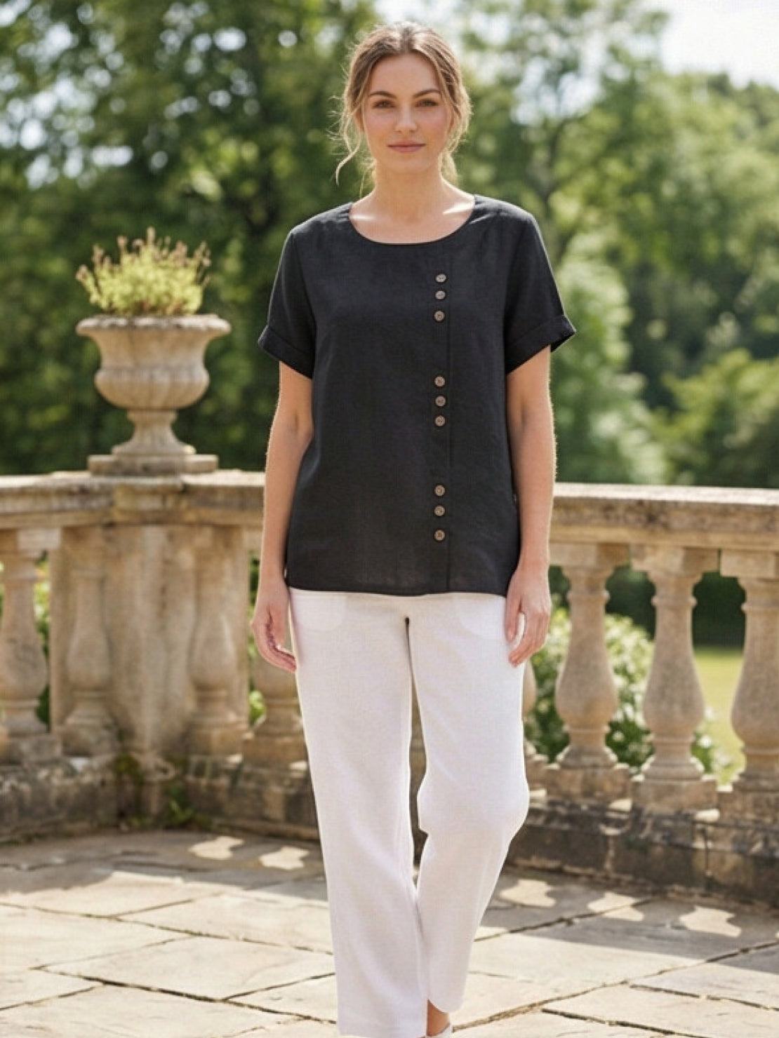 Maren | Comfortable Button Blouse Top With Crew Neck