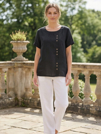 Maren | Comfortable Button Blouse Top With Crew Neck