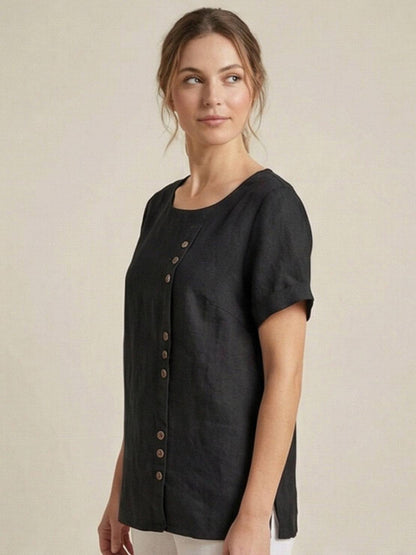 Maren | Comfortable Button Blouse Top With Crew Neck