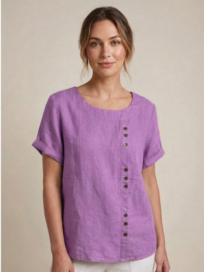 Maren | Comfortable Button Blouse Top With Crew Neck
