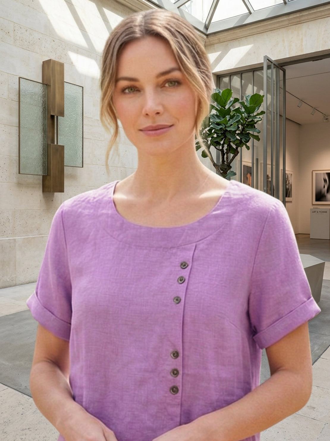 Maren | Comfortable Button Blouse Top With Crew Neck