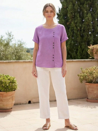 Maren | Comfortable Button Blouse Top With Crew Neck