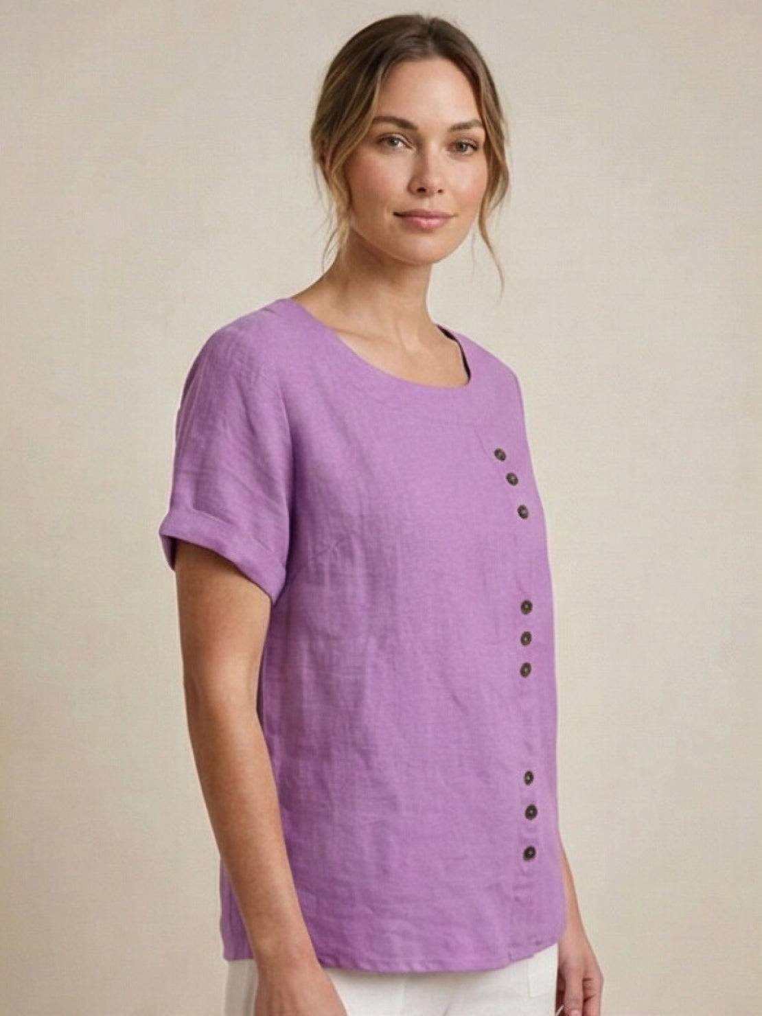 Maren | Comfortable Button Blouse Top With Crew Neck