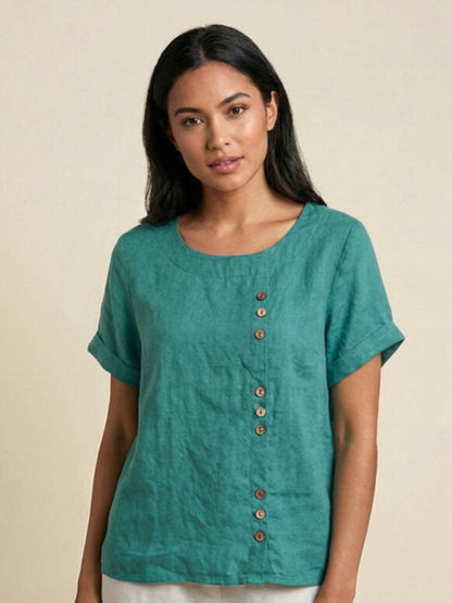 Maren | Comfortable Button Blouse Top With Crew Neck