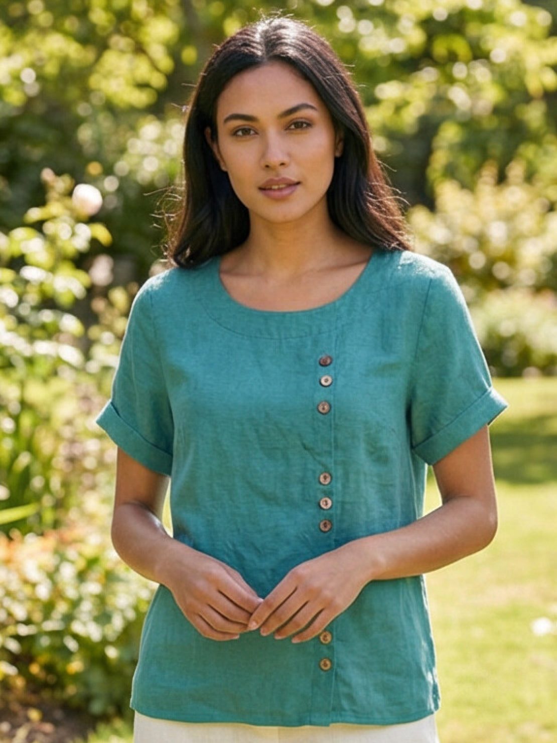 Maren | Comfortable Button Blouse Top With Crew Neck