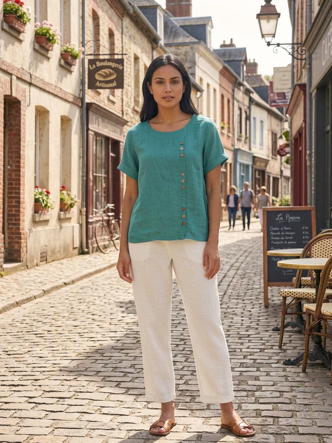 Maren | Comfortable Button Blouse Top With Crew Neck