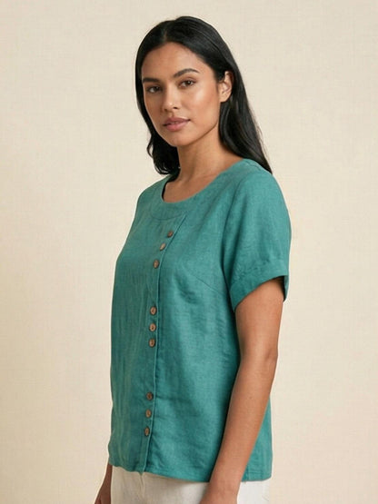 Maren | Comfortable Button Blouse Top With Crew Neck