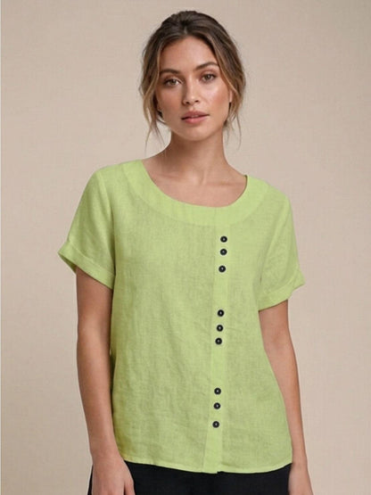 Maren | Comfortable Button Blouse Top With Crew Neck