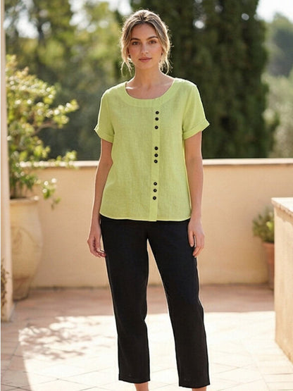 Maren | Comfortable Button Blouse Top With Crew Neck