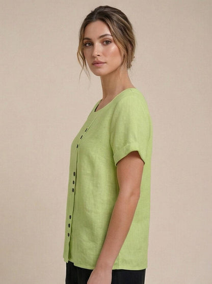 Maren | Comfortable Button Blouse Top With Crew Neck
