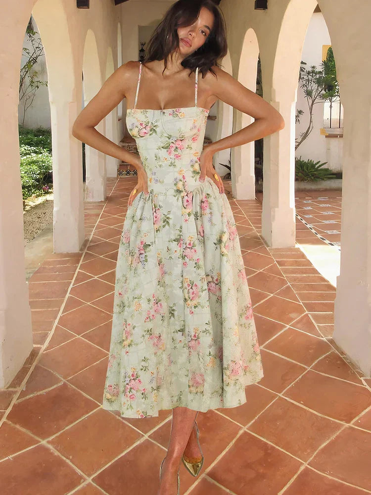 Skylar | Floral Corset Midi Dress for Wedding Guest