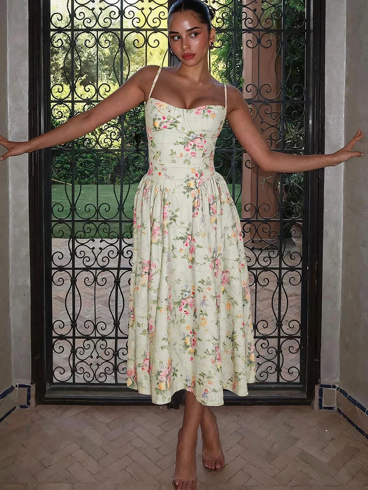 Skylar | Floral Corset Midi Dress for Wedding Guest