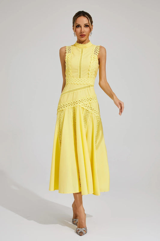Alexis | Sleeveless Lace Panel Midi Dress for Wedding Guest