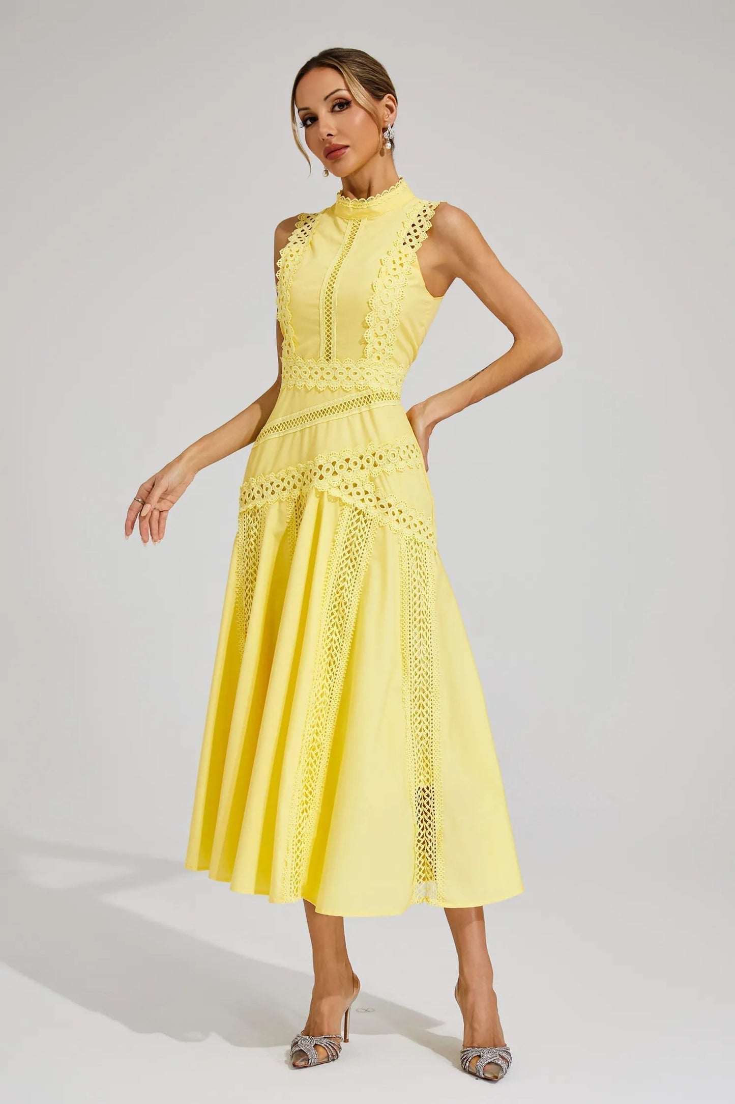 Alexis | Sleeveless Lace Panel Midi Dress for Wedding Guest