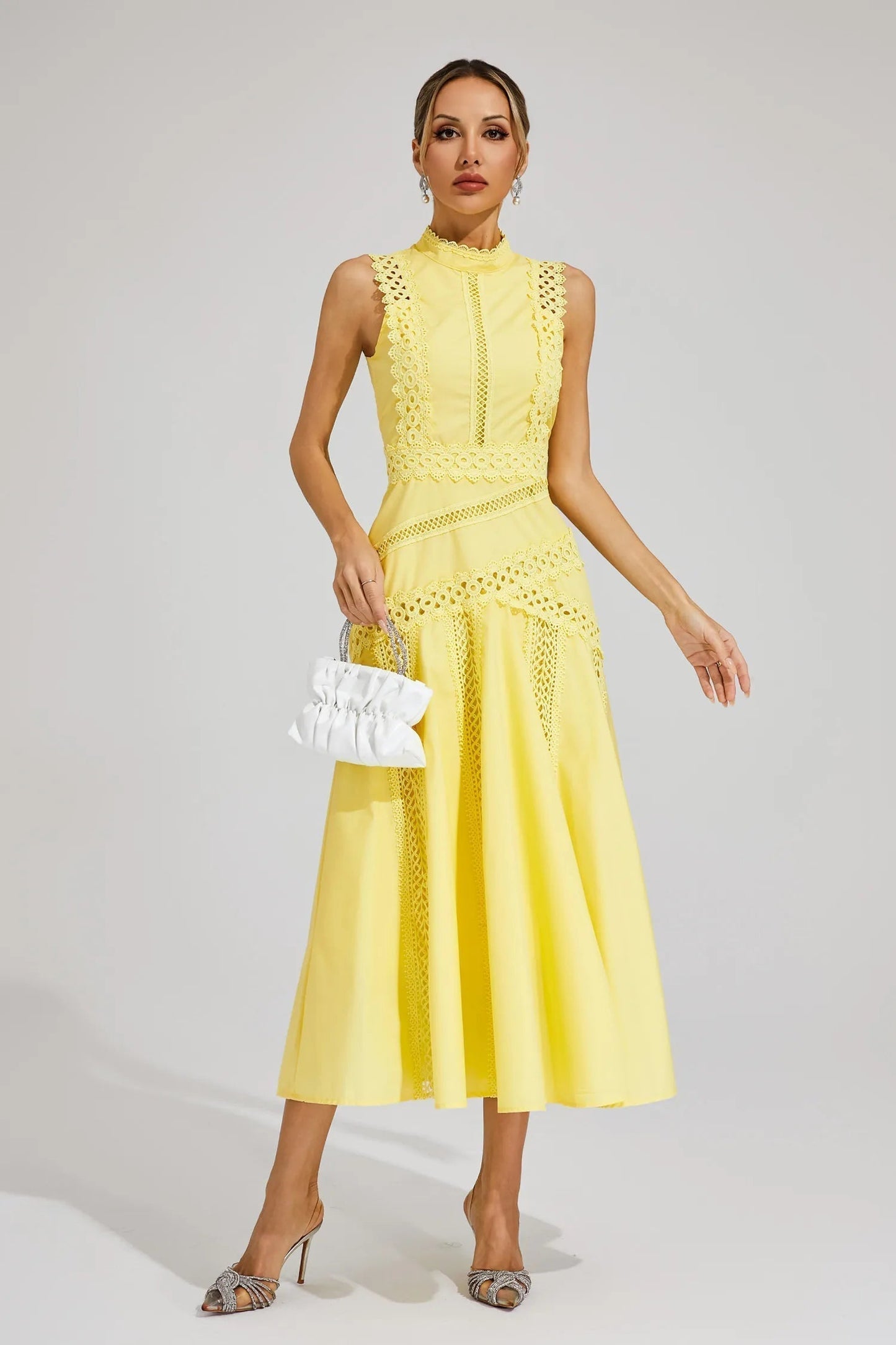 Alexis | Sleeveless Lace Panel Midi Dress for Wedding Guest