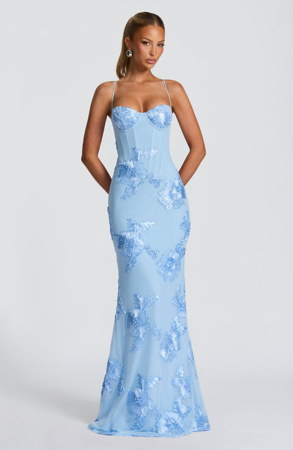 Kendall | Floral Embroidered Corset Maxi Dress for Wedding Guest