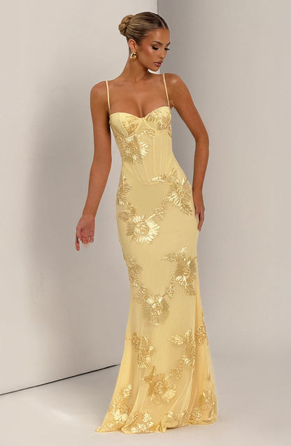 Kendall | Floral Embroidered Corset Maxi Dress for Wedding Guest