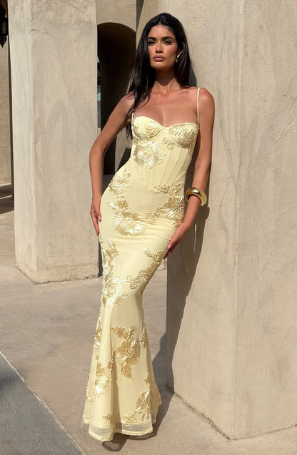 Kendall | Floral Embroidered Corset Maxi Dress for Wedding Guest