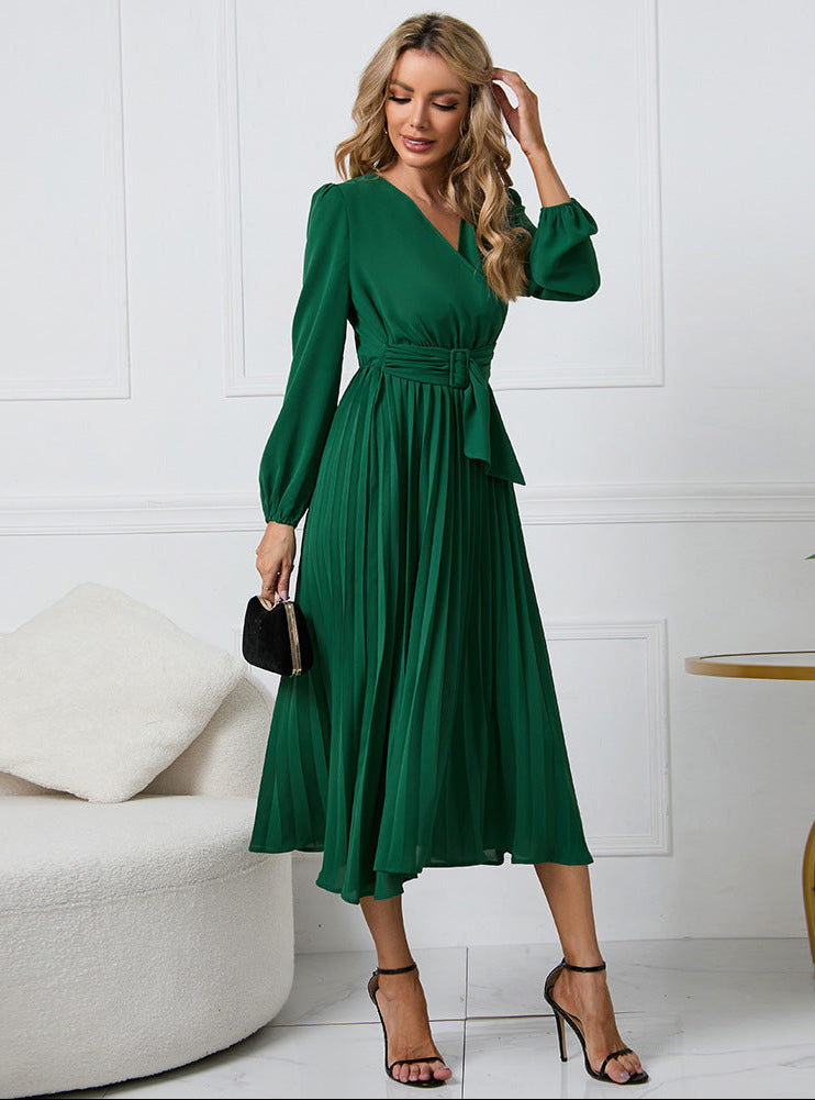 Olivia | Long Sleeve Pleated Midi Dress for Wedding Guest