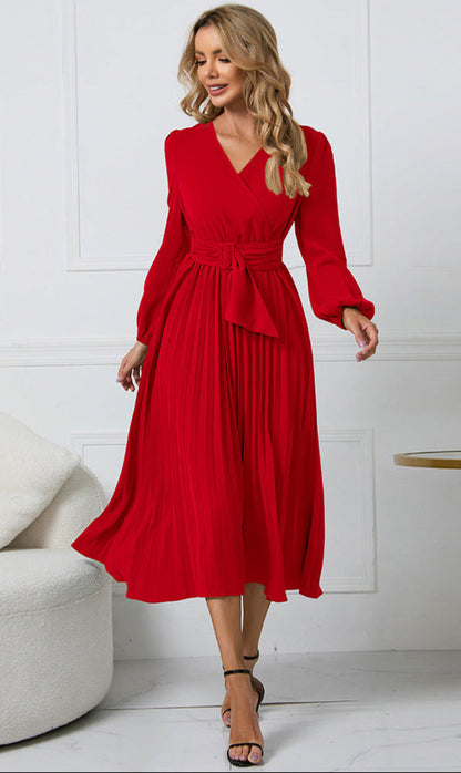 Olivia | Long Sleeve Pleated Midi Dress for Wedding Guest